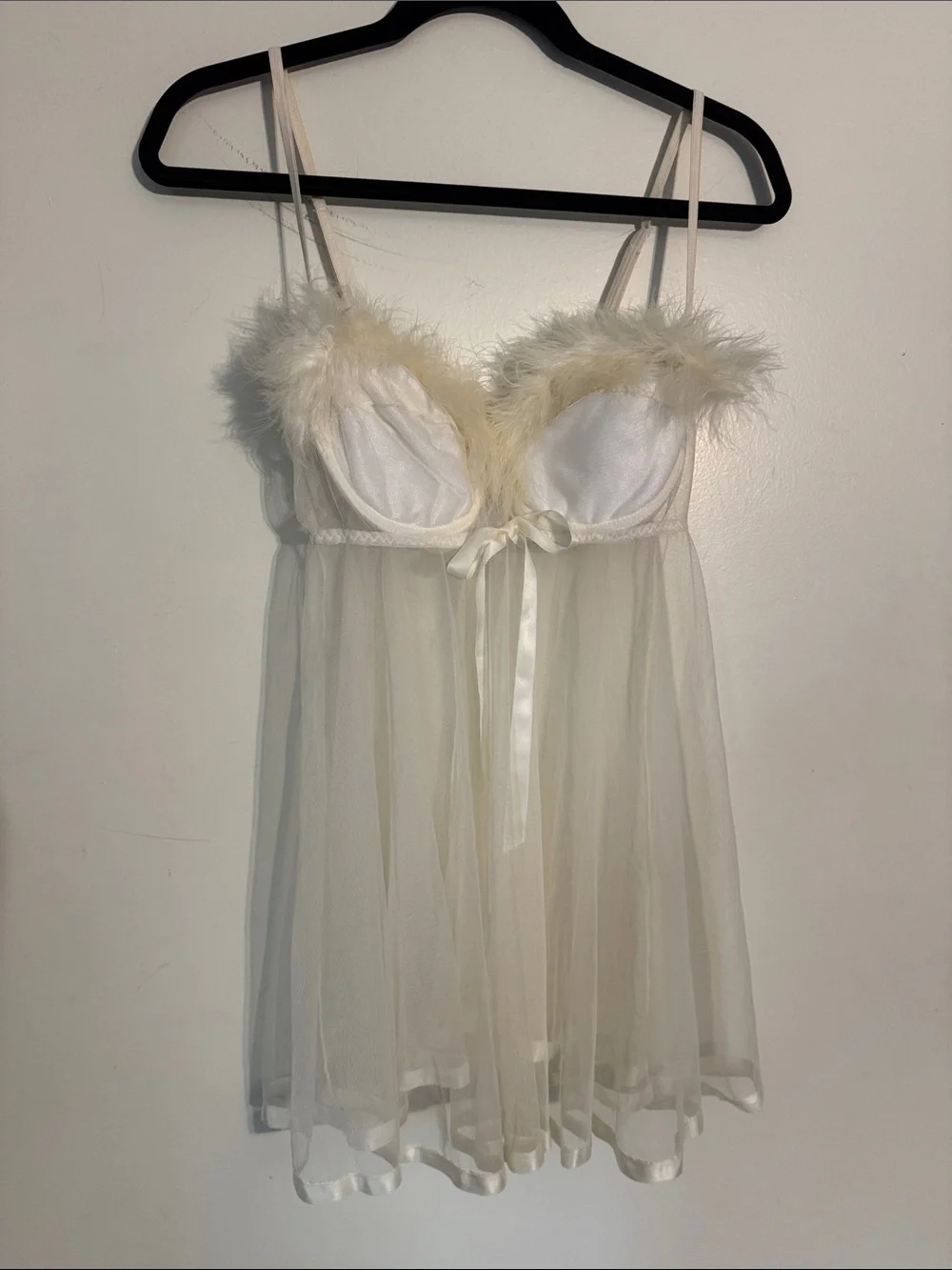 Private Luxuries Ivory Feather Trim Sheer Babydoll Nightie